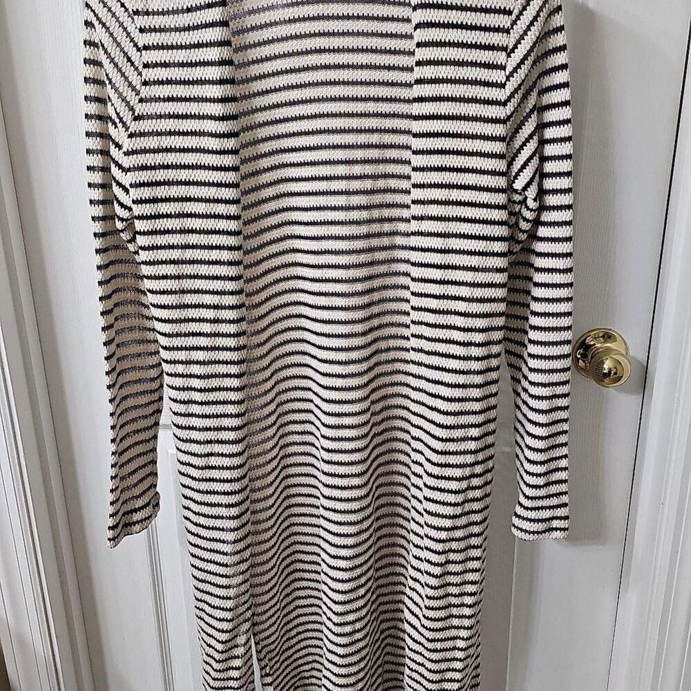 Ambiance Women's Black & White Striped Open Front Longline Duster Cardigan Small